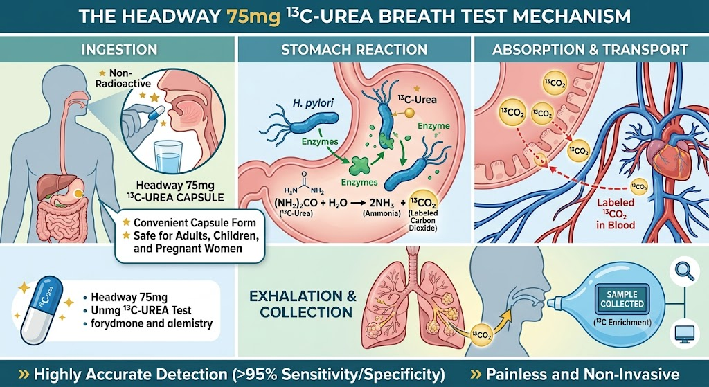 Principle of urea breath test for H. pylori